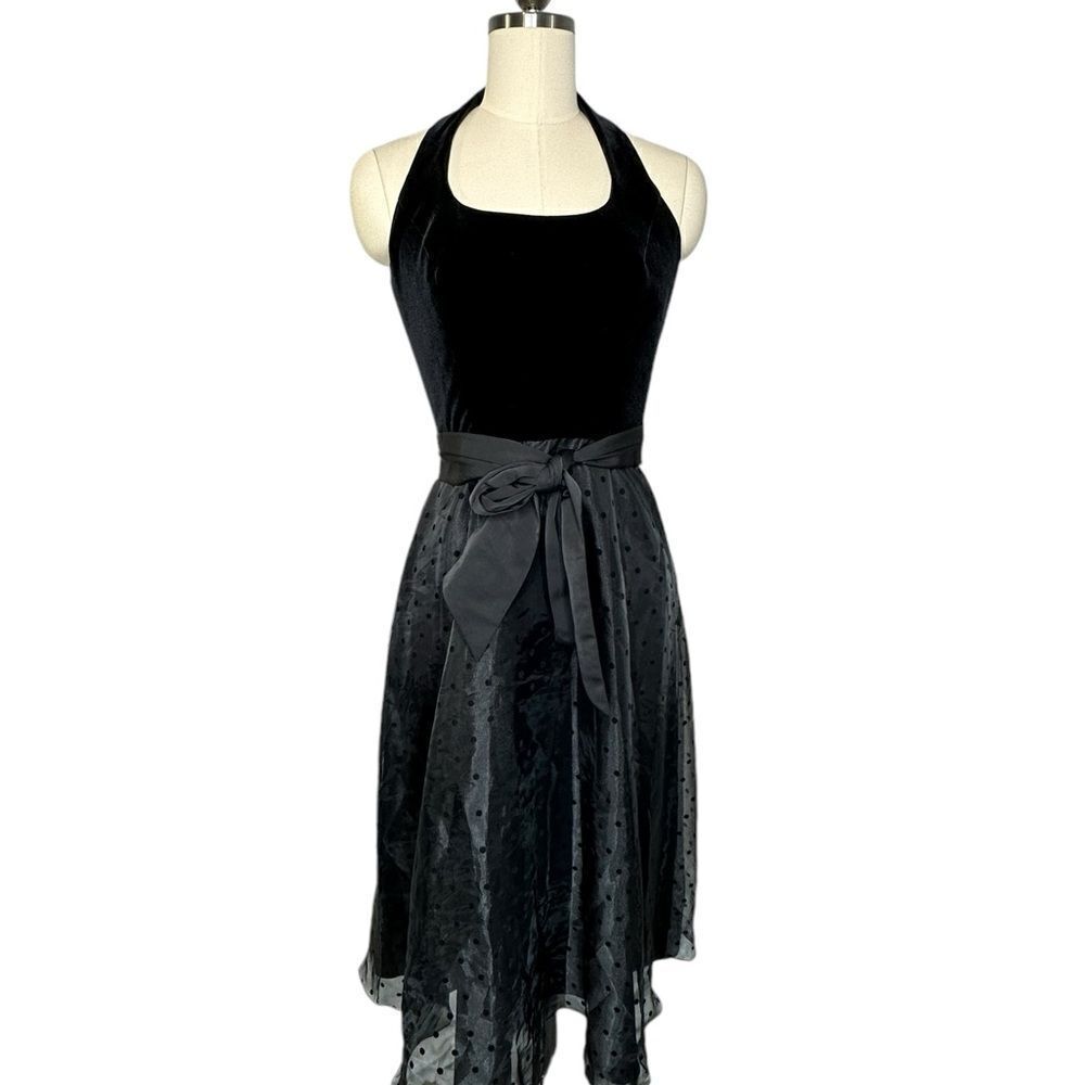 Betsy & Adam Black Velvet Chiffon Halter Midi Cocktail Dress | 4